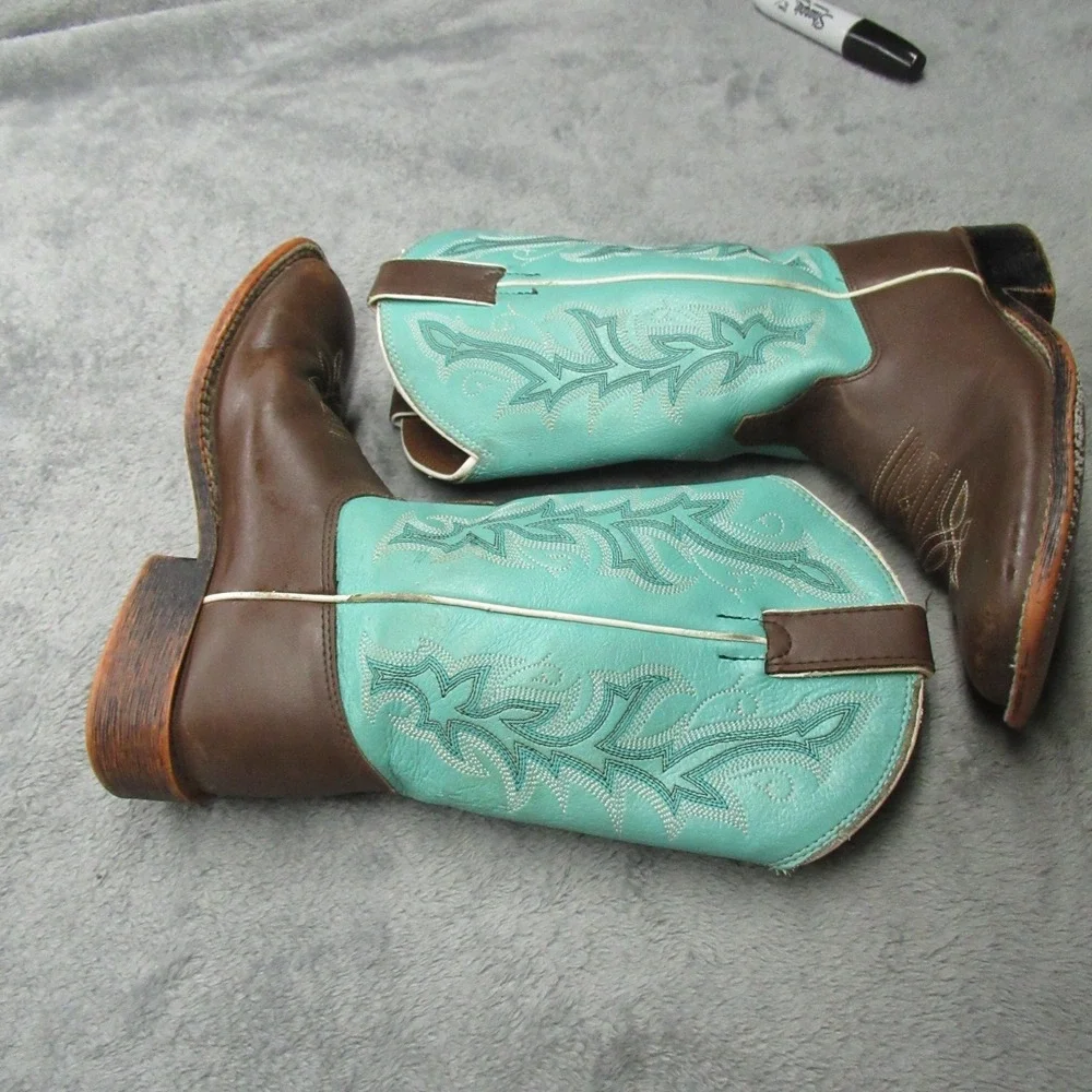 Justin Cowboy Boot Youth 1D Square Toe Brown Turquoise Western Embroidery Riding